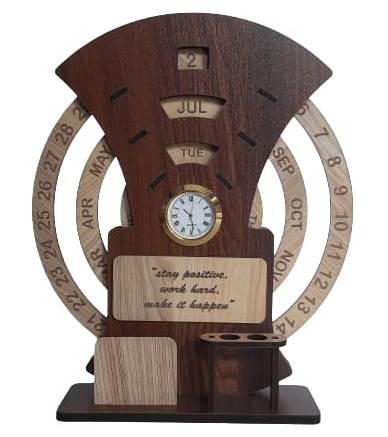 Wooden Calendar with Clock for Lifetime Life Time Calendar Table Calendar (Brown & Ivory, Desk Organizer)