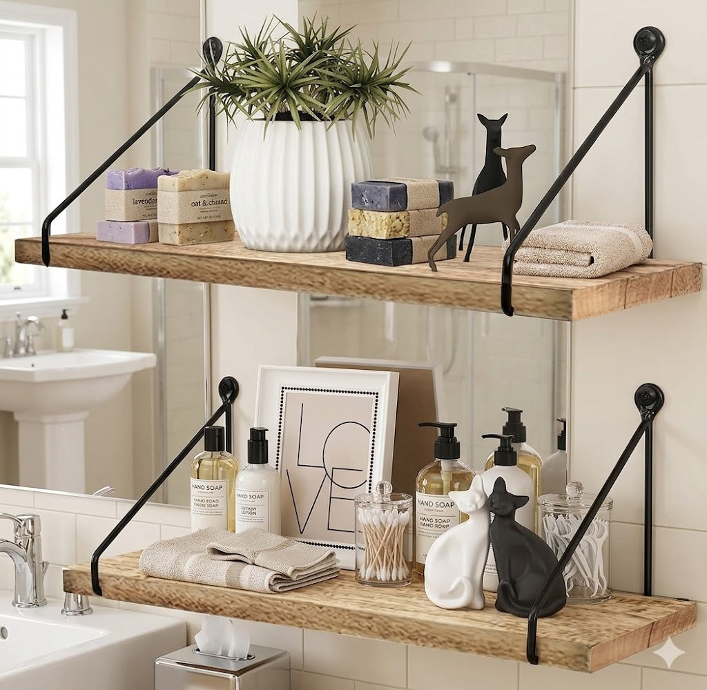 Set of 2 Industrial Wooden Wall Shelves | Decorative Floating shelves