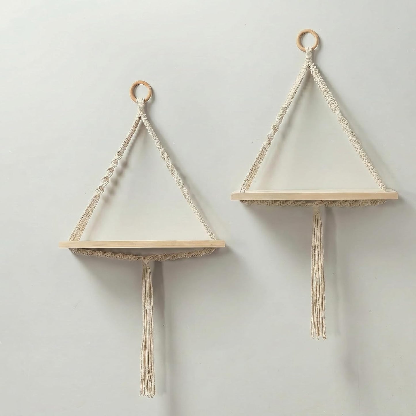 ClapSmile Boho Macrame Wall Shelves (Set of 2) | Natural Wood & Cotton Rope Wall Decor | Beige