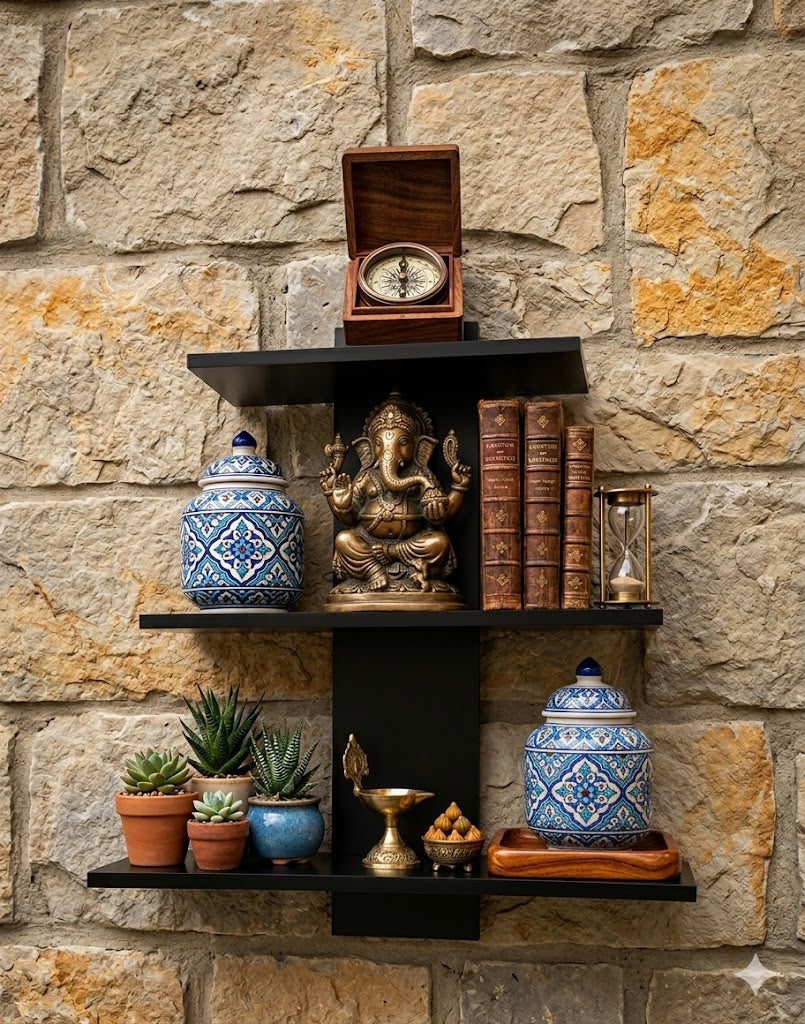 Premium Wooden Wall Shelf for Living Room | Modern 3-Tier Floating Display Rack for Home Decor, Idols & Candles (Black/Dark Brown)