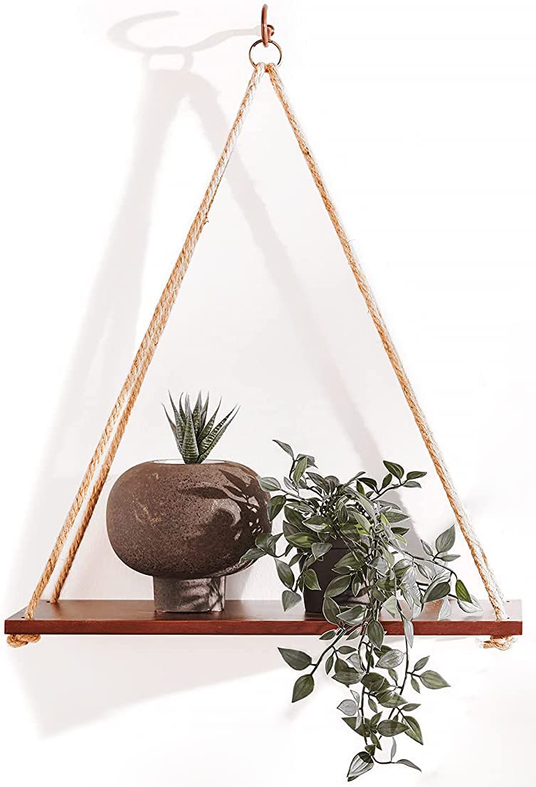 Rustic Wood Hanging Wall Shelf - Boho Floating Display Organizer for Living Room, Bedroom, and Plant Pots (Single Tier, Dark Walnut Finish)