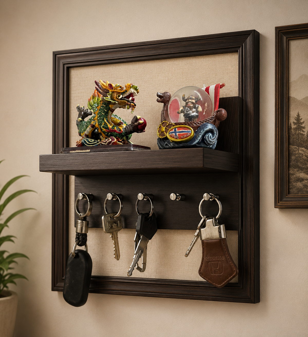 Wall Mounted Wooden Key Holder with Floating Shelf | Entryway Organizer | Home Decor Rack
