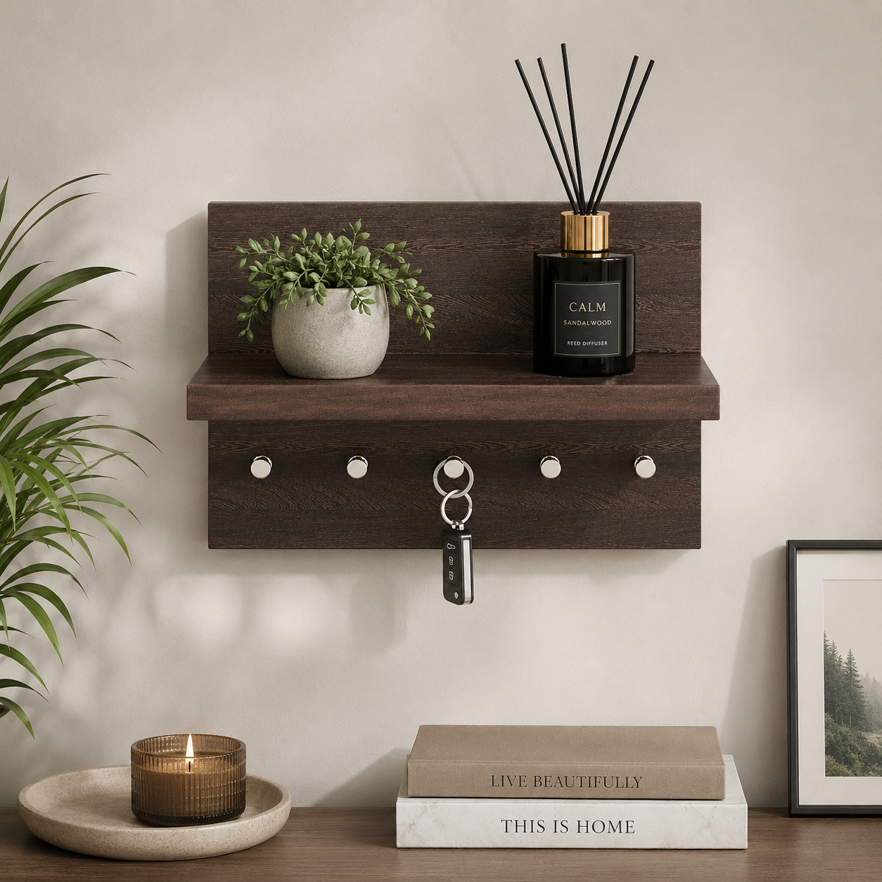 Wall Mounted Wooden Key Holder with Floating Shelf | Entryway Organizer | Home Decor Rack