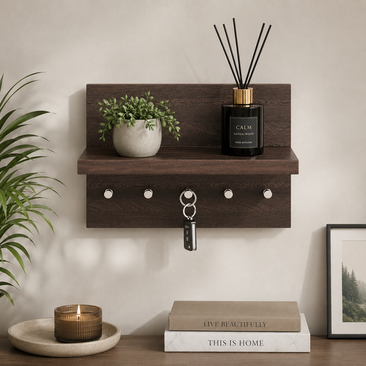 Wall Mounted Wooden Key Holder with Floating Shelf | Entryway Organizer | Home Decor Rack