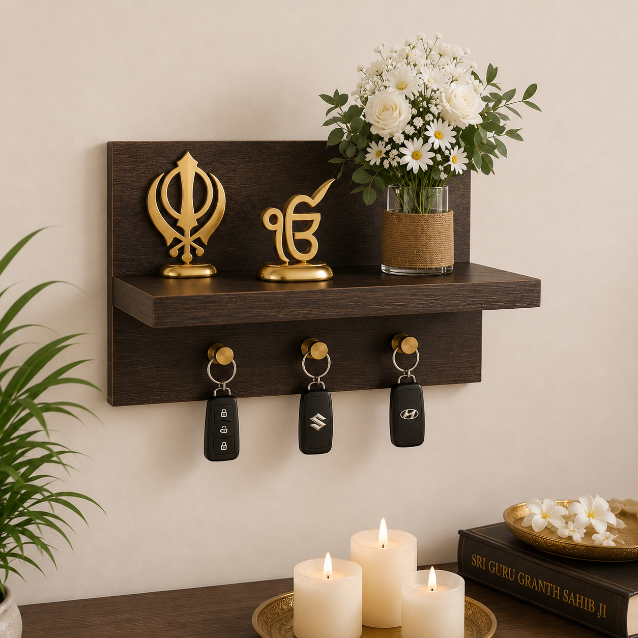 Wall Mounted Wooden Key Holder with Floating Shelf | Entryway Organizer | Home Decor Rack