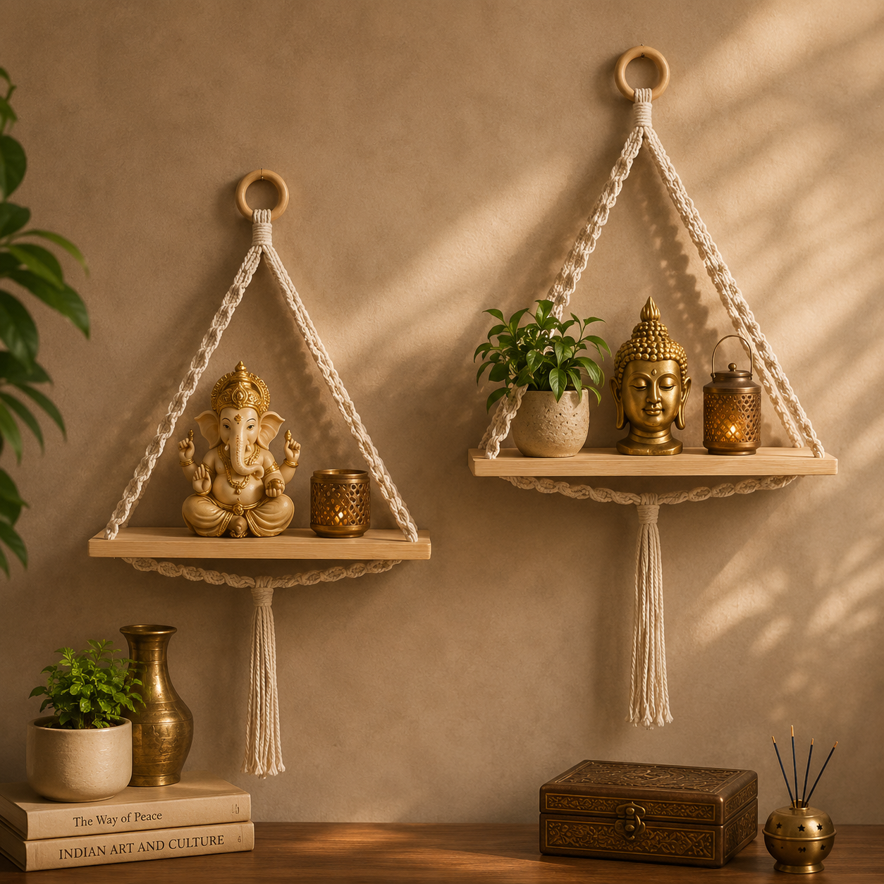 ClapSmile Boho Macrame Wall Shelves (Set of 2) | Natural Wood & Cotton Rope Wall Decor | Beige