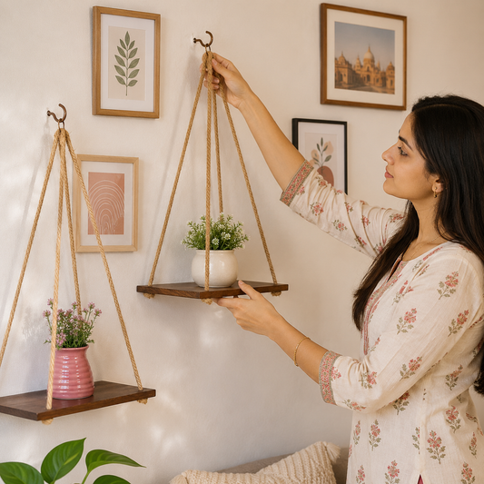 Rustic Wood Hanging Wall Shelf - Boho Floating Display Organizer for Living Room, Bedroom, and Plant Pots (Single Tier, Dark Walnut Finish)