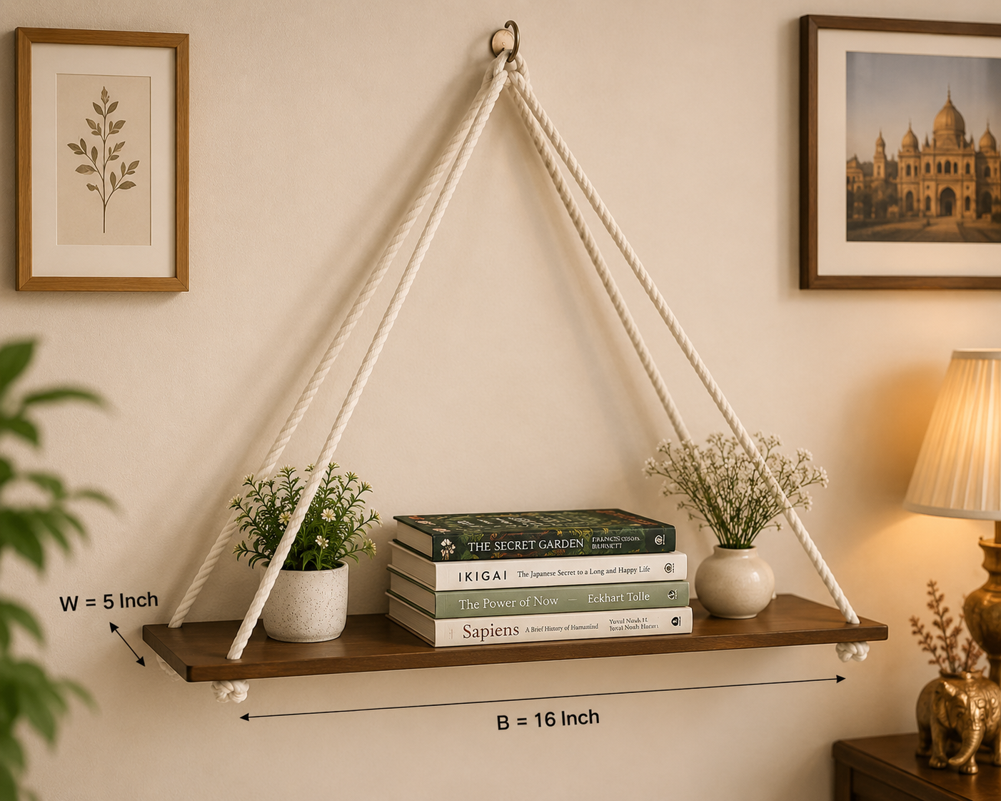 Rustic Wood Hanging Wall Shelf - Boho Floating Display Organizer for Living Room, Bedroom, and Plant Pots (Single Tier, Dark Walnut Finish)