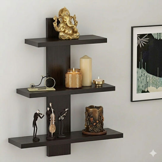 Premium Wooden Wall Shelf for Living Room | Modern 3-Tier Floating Display Rack for Home Decor, Idols & Candles (Black/Dark Brown)