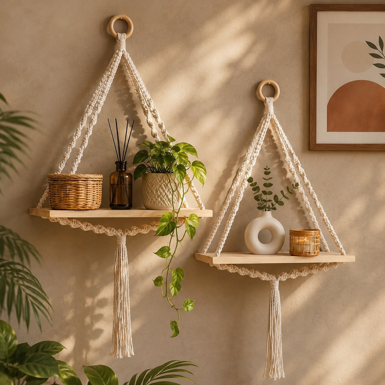 ClapSmile Boho Macrame Wall Shelves (Set of 2) | Natural Wood & Cotton Rope Wall Decor | Beige
