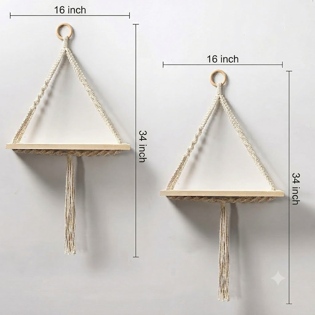 ClapSmile Boho Macrame Wall Shelves (Set of 2) | Natural Wood & Cotton Rope Wall Decor | Beige